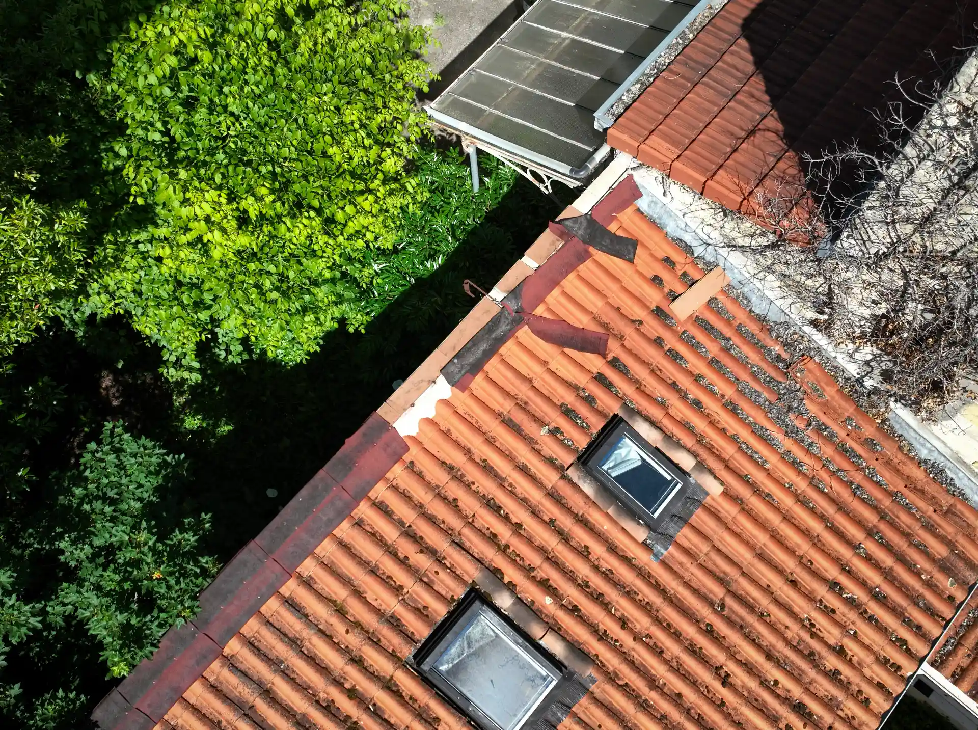 Solin d’étanchéité en rive partiellement arraché sur la toiture d’une annexe, à proximité de la gouttière